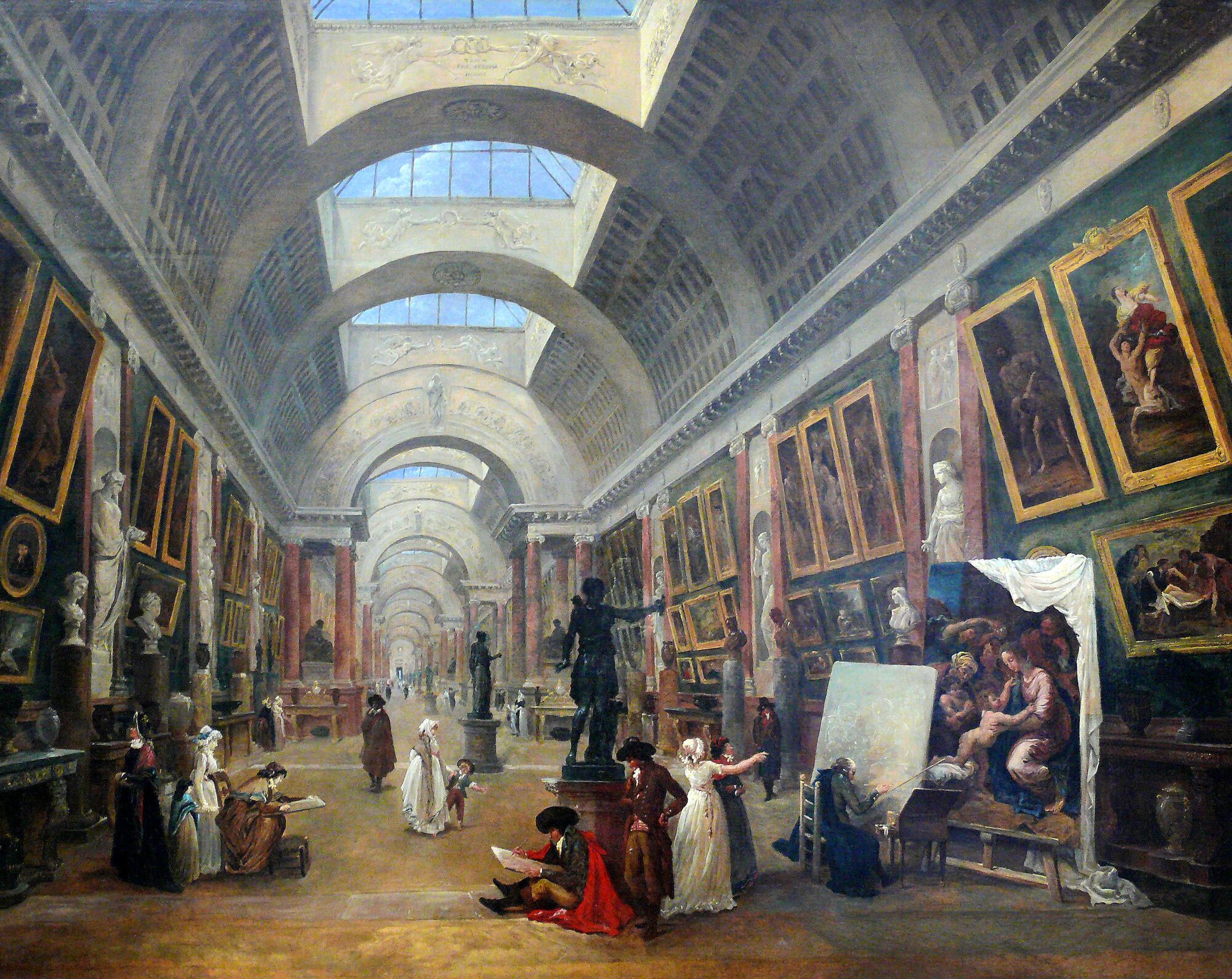 Hubert Robert's painting of the Grande Galerie of the Louvre: a long vaulted gallery lit from skylights, hung with paintings, where artists copy the masters and visitors walk.