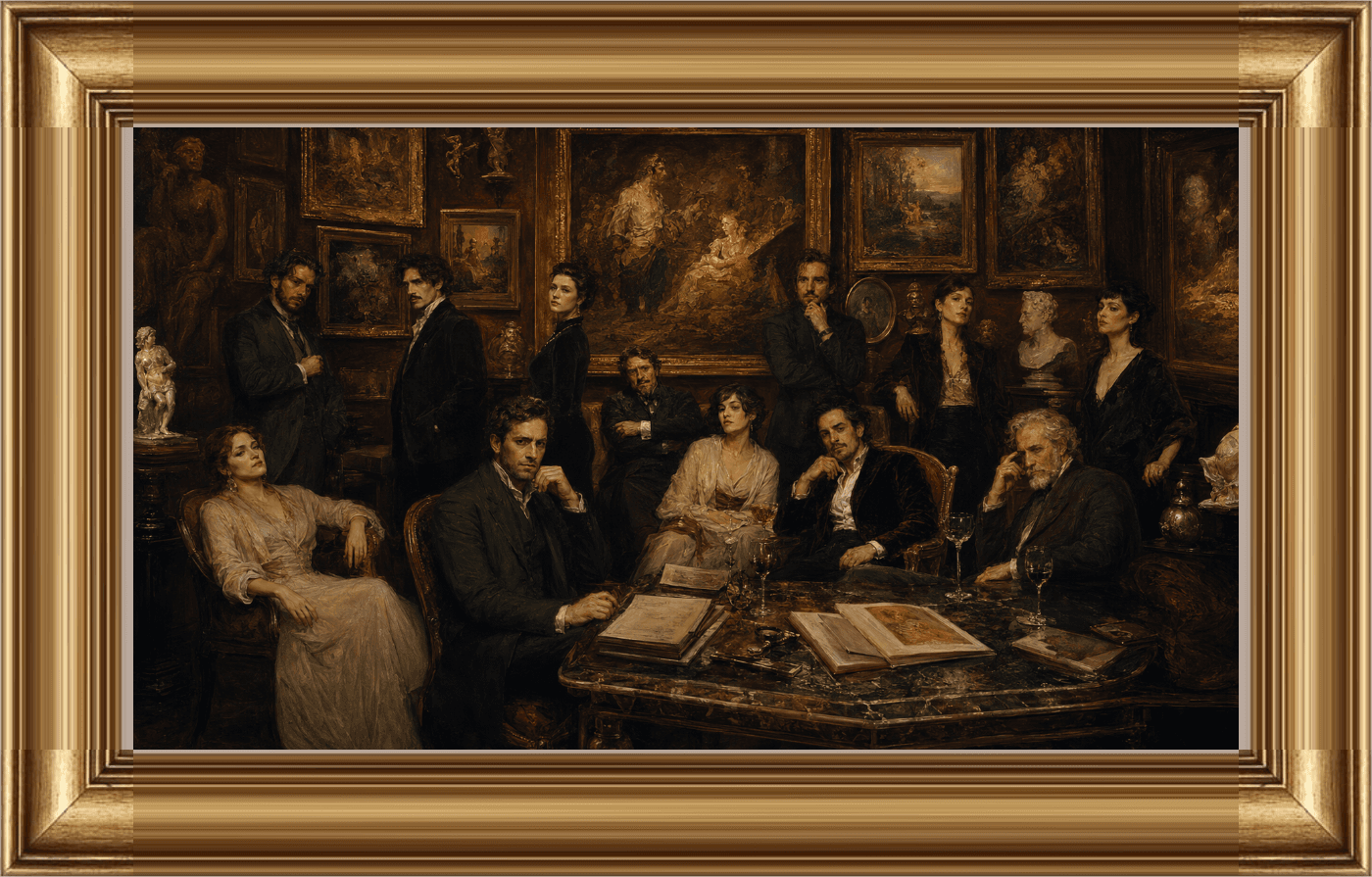 A painted gathering of the Fibonacci Circle: collectors seated and standing around a marble table in a room hung with paintings.